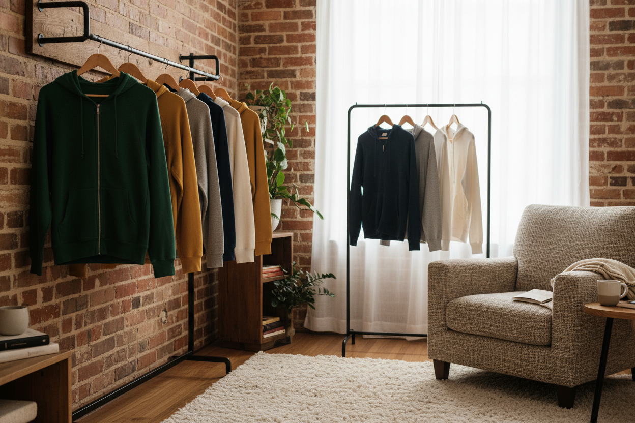 Hoodies hang in the room